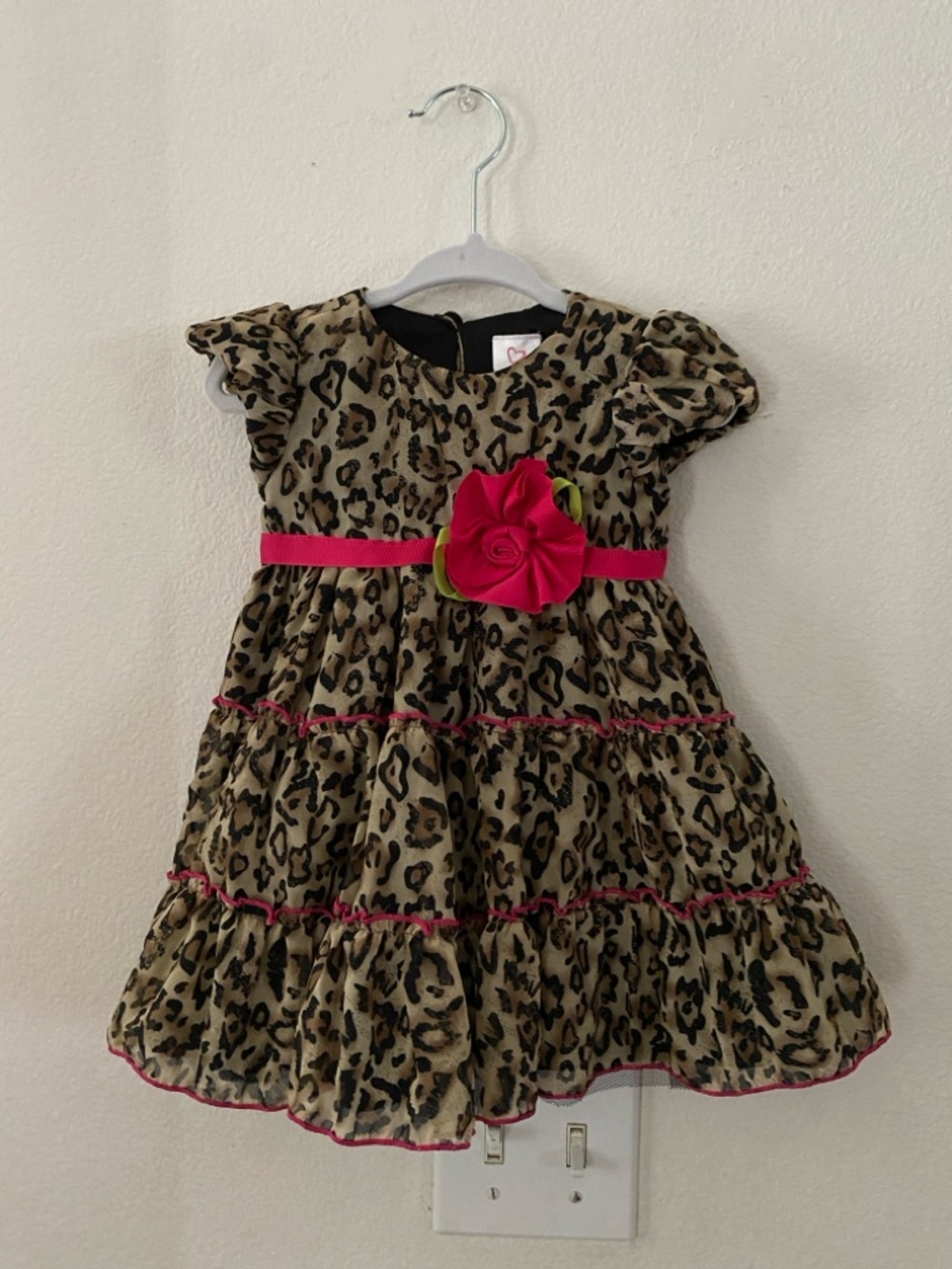 Youngland Leopard Print Ruffle Dress with Hot Pink Flower Sash